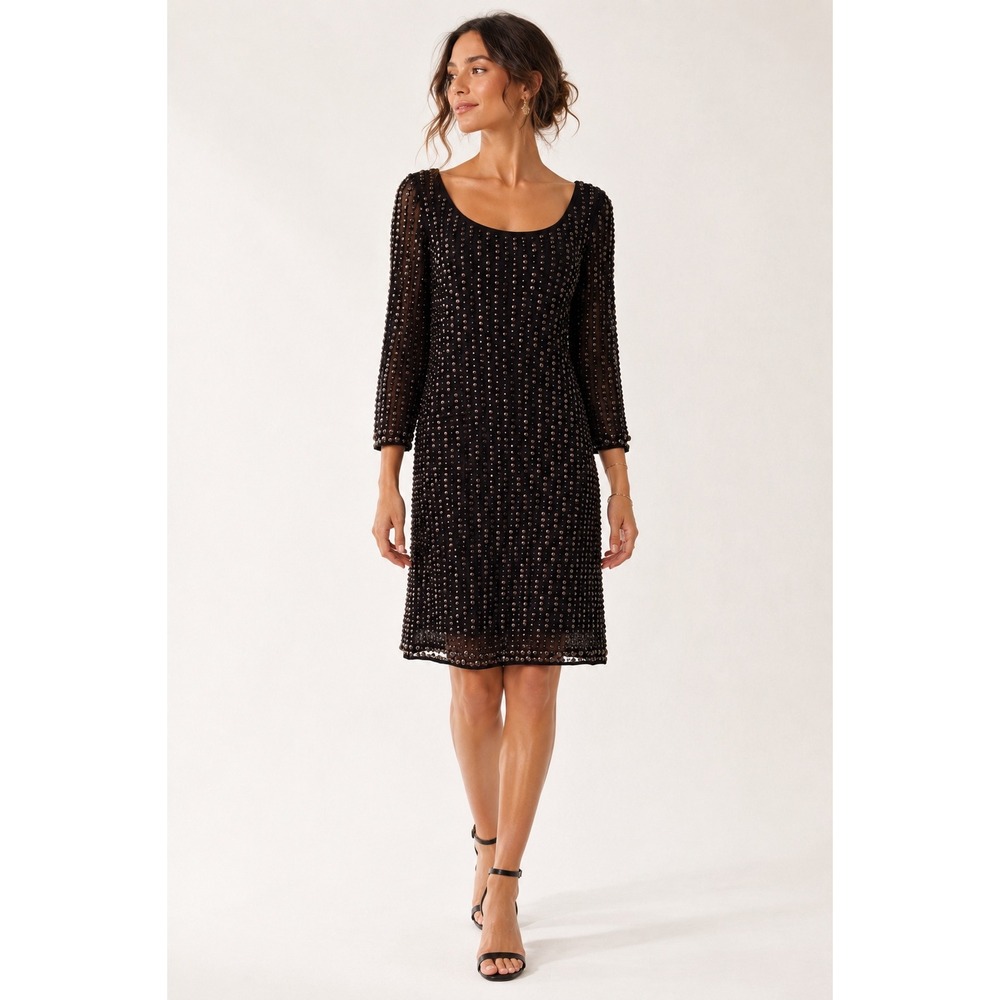 Blank London Black Beaded Rayon Sheath Dress 3/4 Sleeve Size Small